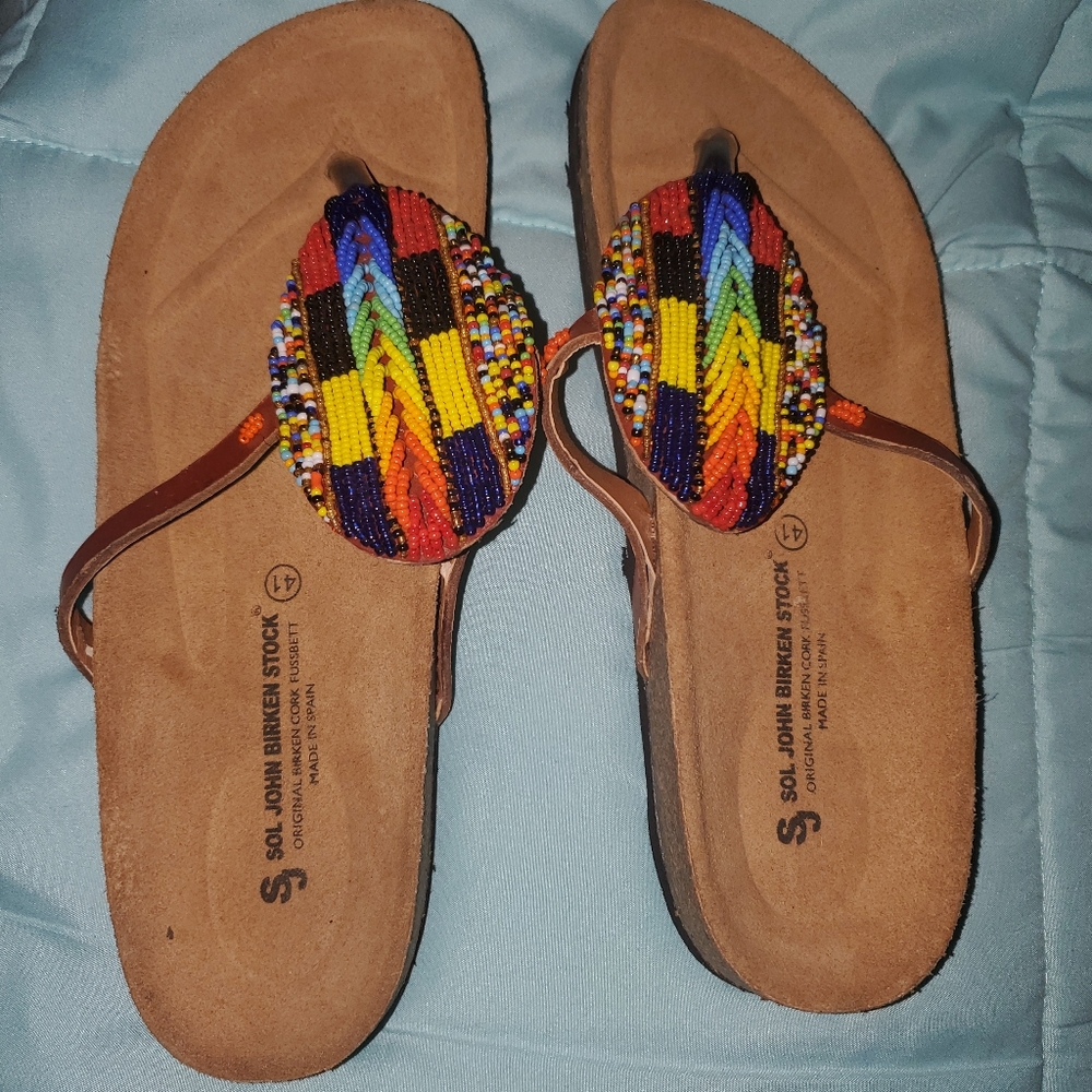 Pretty Colored Beaded Sandals Genuine Leather